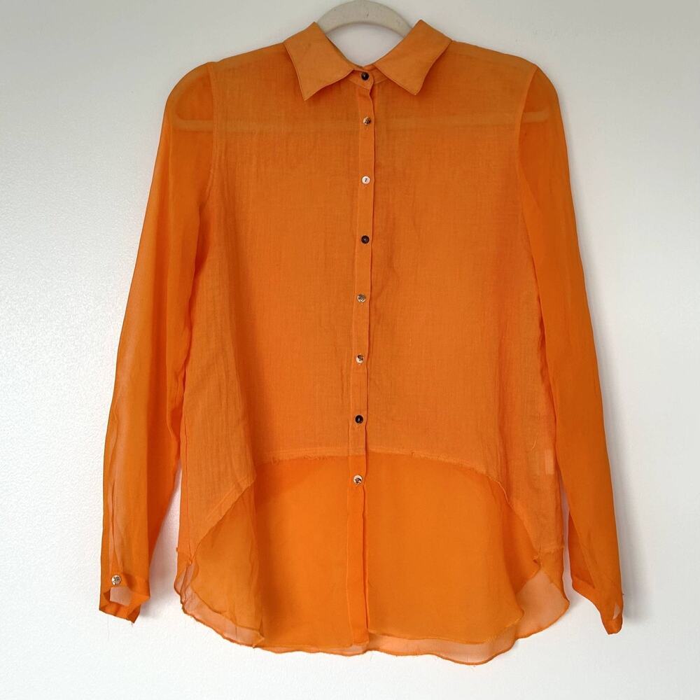 Bailey 44 Cotton Silk High-Low Blouse Orange Small Sheer Sleeve Collared Top GUC